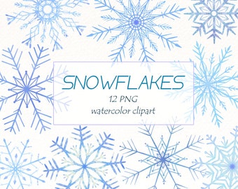 Copos de nieve en acuarela: 12 imágenes PNG navideñas (descarga digital)