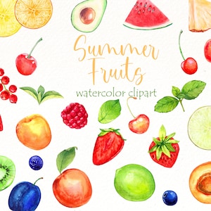 Watercolor Fruits Clipart, Summer watermelon, lemon, strawberry, cherry, avocado, tropical elements food digital download.