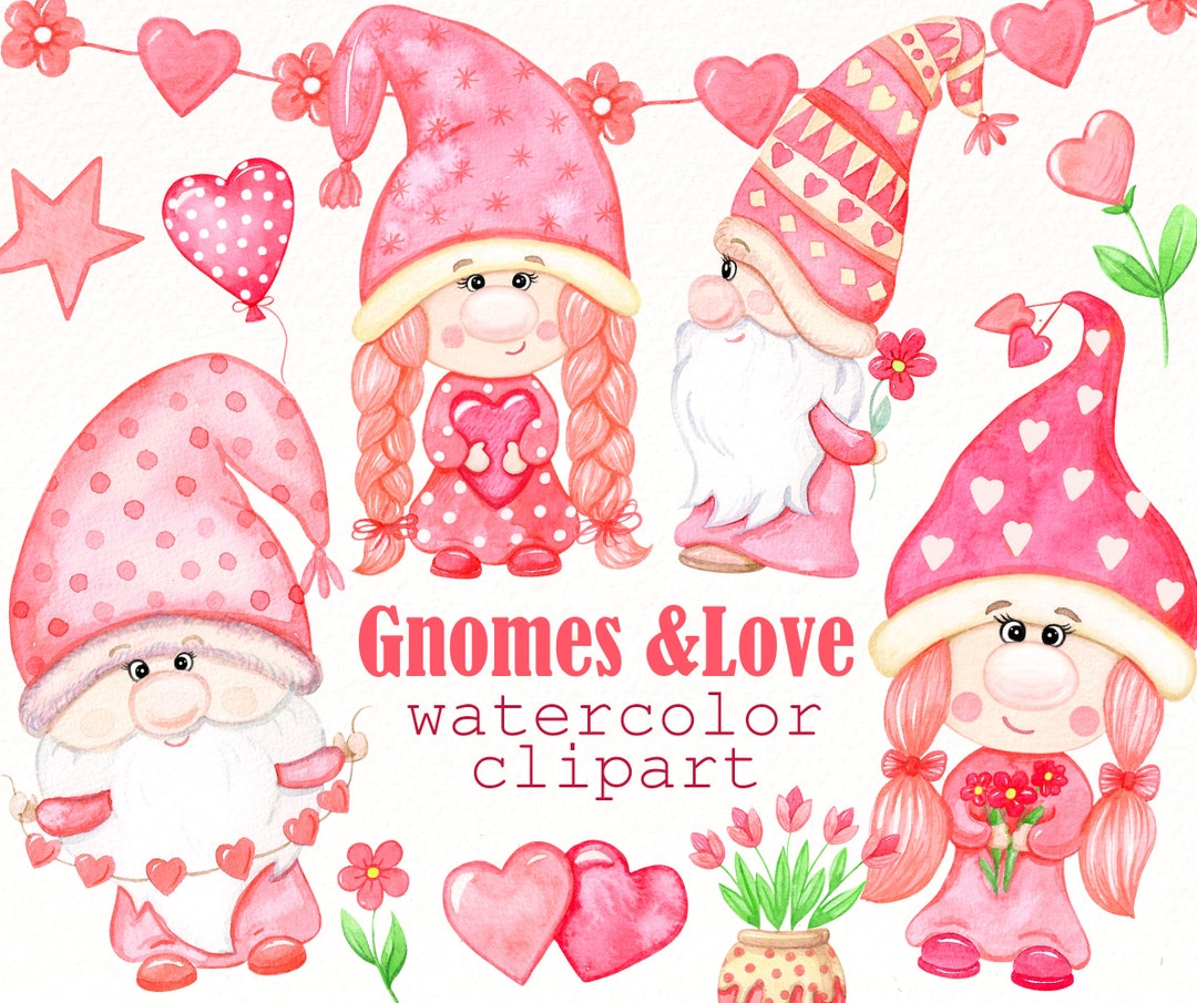 Watercolor Valentine Gnomes Clipart: Pink Romantic Decor (digital ...