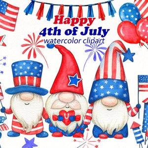 Clipart du 4 juillet, clip art aquarelle de Gnomes patriotiques mignons, png de la fête de l'indépendance, drapeau, ballon, téléchargement numérique de feu d'artifice de vacances