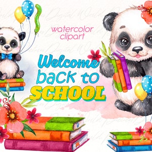 Zurück in die Schule PNG, Schule Aquarell Clipart, niedliche Tiere ClipArt, Aquarell Panda Png-Dateien kommerzielle Nutzung, digitaler Download.