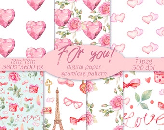 Paquete de papel digital floral para San Valentín: Patrones románticos sin costuras (descarga digital)