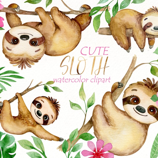 Cute Sloth tropical clipart, watercolor baby animal clipart, safari animal png, Nursery clip art for Baby Shower, digital download.