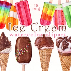 Eis Aquarell Clipart, Sommer digitale Grafik, Eis am Stiel Clipart, Eistüte PNG-Dateien, Wüste Clip Art sofortigen Download.