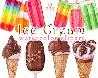 Watercolor Ice Cream Clipart: Summer Desserts PNG (Digital Download)
