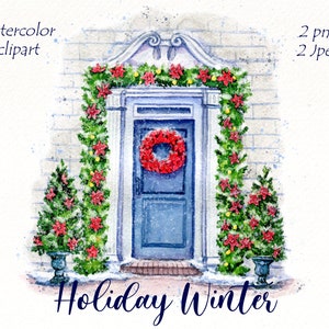 Christmas Clipart, Holiday door decor, winter scene illustration, Snow Landscape watercolor, scrapbooking, sublimation digital download PNG.