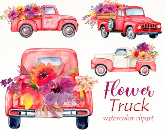 Watercolor Flower Truck Clipart: Vintage PNG, Sublimation (Digital Download)