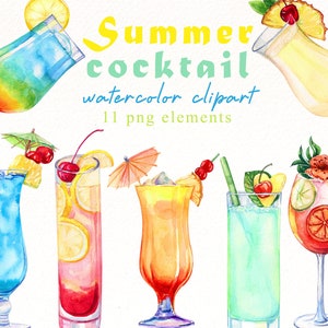 Imágenes prediseñadas de cócteles de acuarela, imágenes prediseñadas de bebidas tropicales, gráficos de cócteles de verano, archivos png de playa, descarga digital