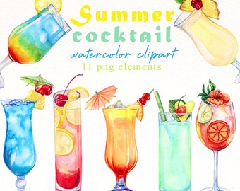 Watercolor Cocktails clipart , Tropical Drinks clipart , summer cocktail graphics , beach png files , digital download