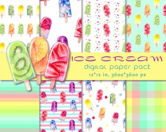 Ice Cream Digital Paper Pack: Watercolor Summer Patterns (Digital Download)