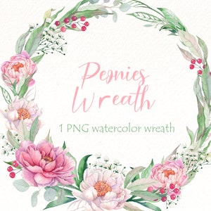 Pfingstrosen Aquarell Clipart, rosa Blumen Png Clip Art, Boho Blumen Kranz handgemalt, Hochzeitseinladungen Design, digitaler Download.