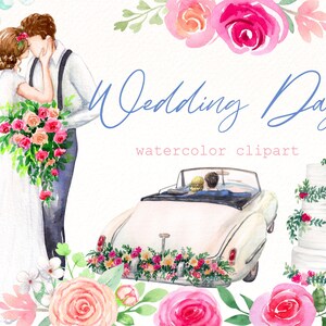 Hochzeit Aquarell Clipart, Braut und Bräutigam, floral handbemalt, Gerade verheiratet Auto Png Dateien für Brauteinladung, Karte, digitaler Download.