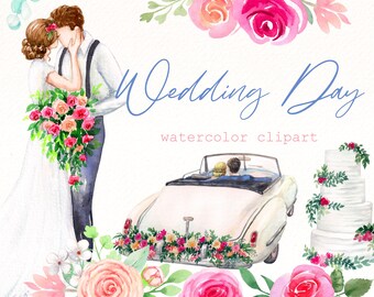 Watercolor Wedding Clipart: Bride, Groom, Car (Digital Download)