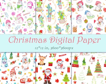 Christmas digital paper Pack, watercolor gnomes Scrapbook, Winter Backgrounds with snowman for holiday graphic, design card, 12*12 in