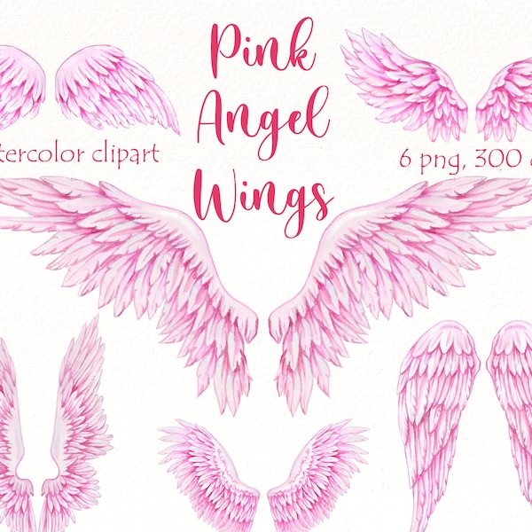 Pink Angel Wings watercolor clipart, memorial png wings, wings overlays hand painted clip art, digital download.