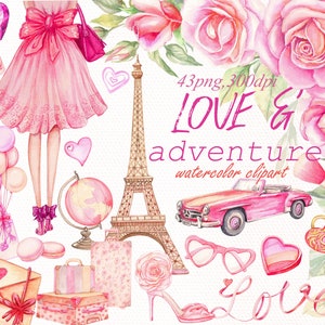 Imágenes prediseñadas del Día de San Valentín, imágenes prediseñadas de acuarela de amor, viajes románticos, imágenes prediseñadas de París, imágenes prediseñadas de chica de moda, imágenes prediseñadas de Francia de aventura, bricolaje digital