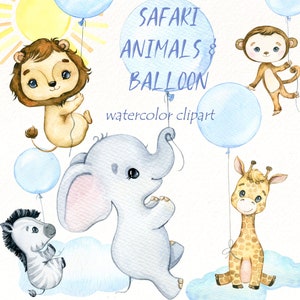 Safari Animals clipart, Watercolor Africa animals png, Balloon birthday clip art, nursery wall art decor, boy scrapbooking digital download.