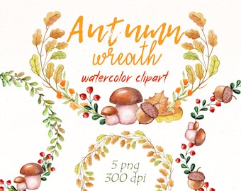 Watercolor Fall Wreath Clipart: Leaves, Mushrooms, Thanksgiving PNG (Digital Download)
