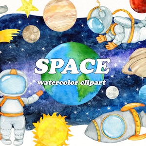 Clipart de aquarela espacial, clipart do espaço sideral, planetas png, astronauta, nave espacial, foguete, clipart de galáxia para festa no espaço, adesivo espacial