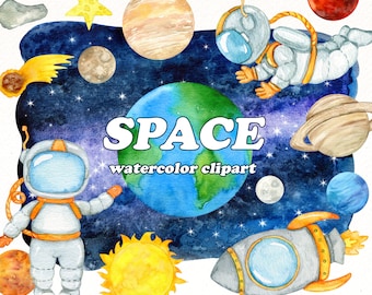 Space watercolor clipart , outer space clip art, planets png, astronaut , spaceship , rocket , galaxy clipart for space party, space sticker