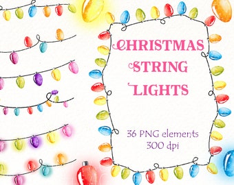 Clipart kerstverlichting aquarel: kerstverlichting lichtslingers (digitale png-download)
