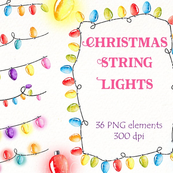 Christmas Lights Clipart, watercolor New Years Lights, Invitation Clip Art, String lights, Сolored light, Fairy Lights, Dividers Borders