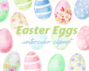 May include: Watercolor clipart of Easter eggs in various designs, including floral patterns, stripes, and polka dots. The eggs are painted in pastel colors, such as pink, blue, green, and yellow. The text "Easter Eggs watercolor clipart" is written in the center of the image.