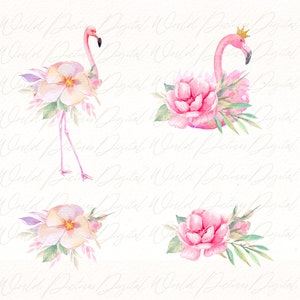 Watercolor Flamingo Clipart: Tropical Floral Set (PNG Digital Download ...