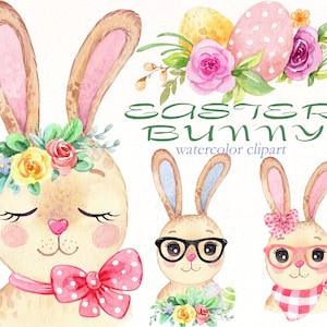 Hase Ostern Clipart, Aquarell niedlichen Kaninchen PNG, handgemaltes Tier, Blumensträuße Elemente, Dekor Clip Art, Frohe Ostern Grußkarte