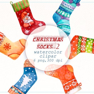 Clipart aquarelle chaussettes de Noël, décoration de Noël, chaussette en laine pour carte de voeux, bas de Noël, Santa Clip art, téléchargement numérique