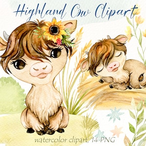 Highland Cow clipart, Watercolor little farm animals clipart,  country clip art, household, baby shower, thanksgiving, flowers, nursery art.