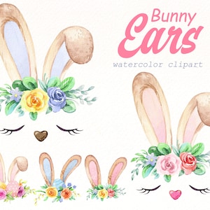 Aquarell Osterhase Ohren Clipart, Handgemalte Frühling Clip Art, Baby Hase Ohren und Blumen, Frohe Ostern Gruß, digitale Png Dateien.