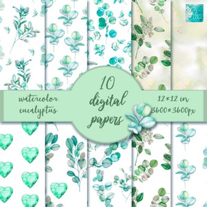 Eucalyptus digital paper pack , watercolor floral seamless pattern , greenery background for wedding graphic design , fabric design