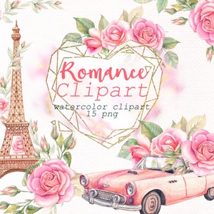Clipart romántico color agua con torre eiffel, auto retro rosa, marco floral, ramo para invitación de boda, viaje romántico, tarjeta de saludo.