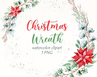 Clipart kerstkrans aquarel: vakantiegroen, png (digitale download)