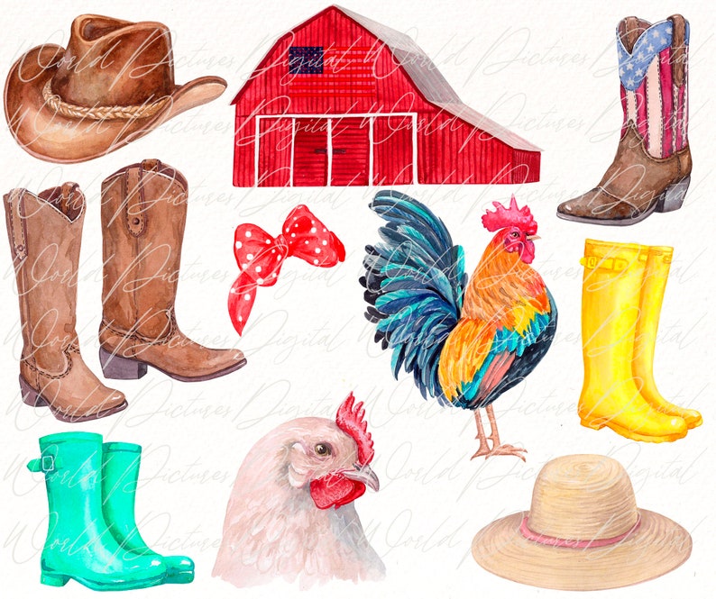 Farm Watercolor Clipart, Farmhouse Animal Clip Art, Barn, Country Png