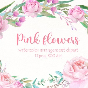 Watercolor roses clipart, Pink flowers bouquet png files, Wedding floral Clip Art, bridal invitation design, scrapbook digital download.