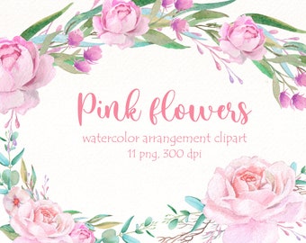 Clipart de rosa rosa en acuarela: ramo floral PNG (descarga digital)