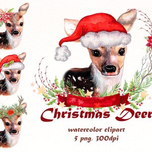 Christmas Deer Watercolor clipart, Christmas cute animals png, Winter clip art, sublimation holiday design, stickers digital download.