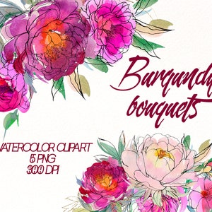 Imágenes prediseñadas de ramo de peonías de acuarela, imágenes prediseñadas de flores rosadas, archivos png de peonía de Borgoña, arreglo floral pintado a mano, descarga digital.