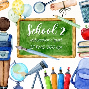 Imágenes Prediseñadas de la escuela de acuarela, PNG de regreso a la escuela, imágenes prediseñadas de estudiante de niño, imágenes prediseñadas de útiles escolares de papelería, pegatinas de planificador, uso comercial