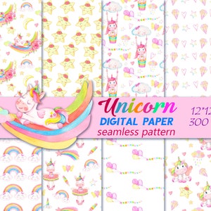 Cute Unicorn digital paper, Watercolor seamless pattern with unicorns, rainbow, stars, moon, heart, clouds for design textile, sckrapbooking