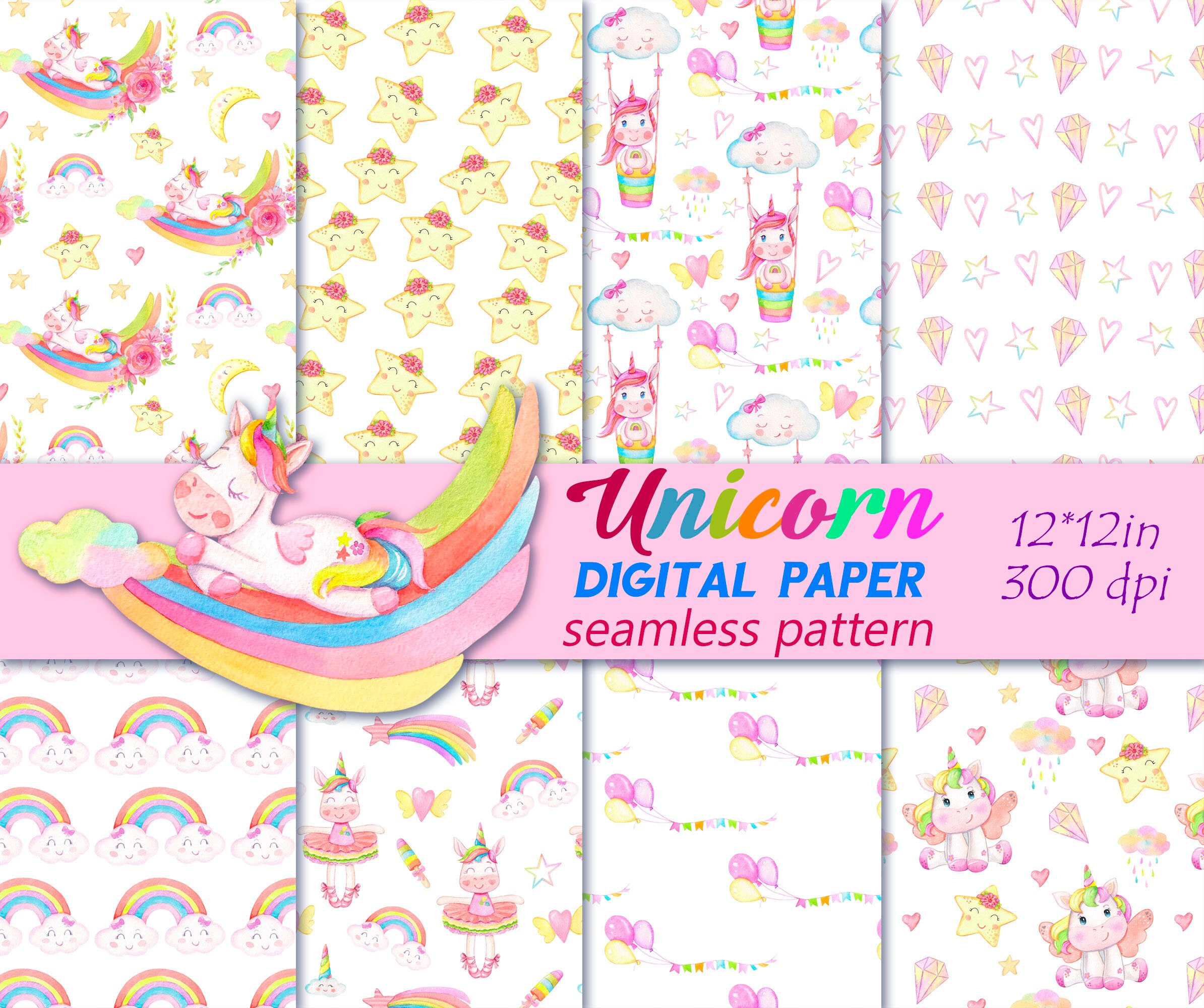 Cute Unicorn Digital Paper, Watercolor Seamless Pattern With Unicorns ...