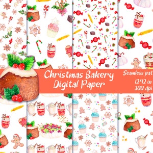 Christmas Bakery Digital paper, Tasty seamless pattern, bakery watercolor paper pack, food paper pack digital download.