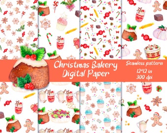May include: Four digital paper designs featuring watercolor illustrations of Christmas bakery items, including gingerbread cookies, cupcakes, pudding, and candy canes. The designs are seamless and repeat. The text "Christmas Bakery Digital Paper" is included in the image. Each design is 12x12 inches and 300 dpi.