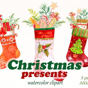 Christmas socks clipart, watercolor holiday decor, new year clip art, x-mas design png files, digital download.