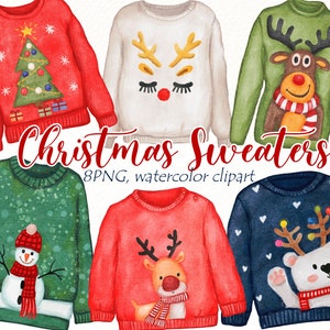 Hässliche Weihnachten Pullover Aquarell Clipart, Winter Kleidung ClipArt, Xmas Noel Party, Saison Grußkarte, Planer, digitaler Download.