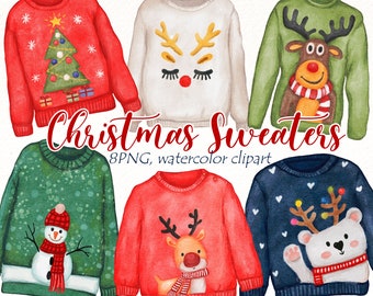 Ugly Christmas Sweater watercolor clipart, Winter clothes clip art, Xmas Noel Party, Season greetings card, planner, digital download.