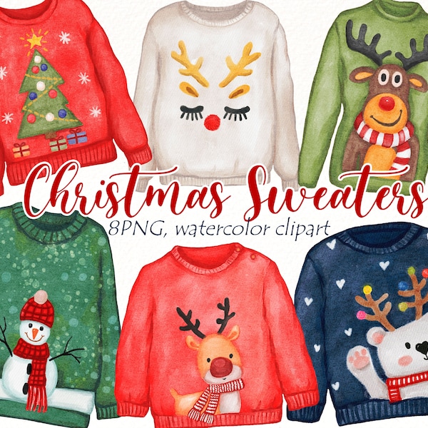 Ugly Christmas Sweater watercolor clipart, Winter clothes clip art, Xmas Noel Party, Season greetings card, planner, digital download.