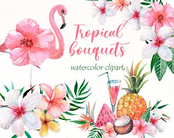 Watercolor Flamingo Clipart: Tropical Floral Bouquets (PNG)